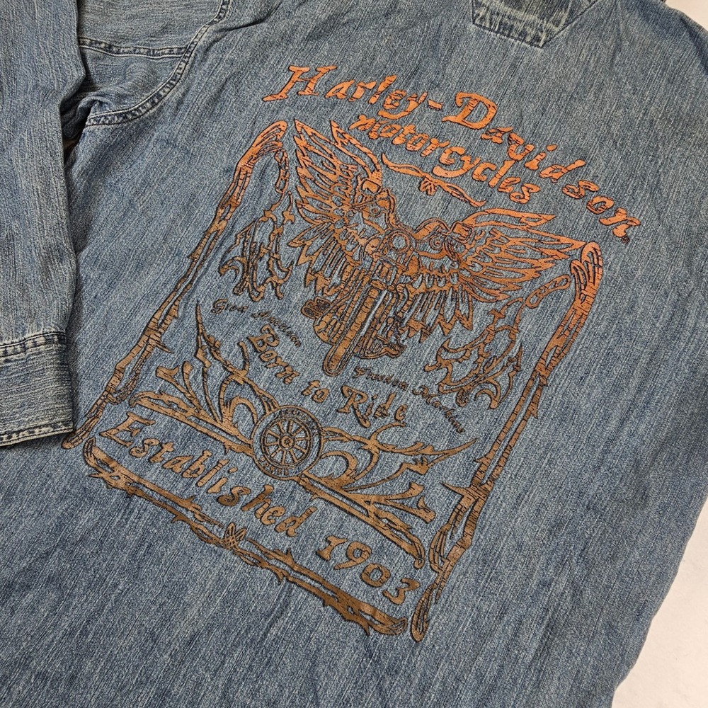 Harley-Davidson Mens Blue Denim Long Sleeve Graphic Button Up Shirt Medium